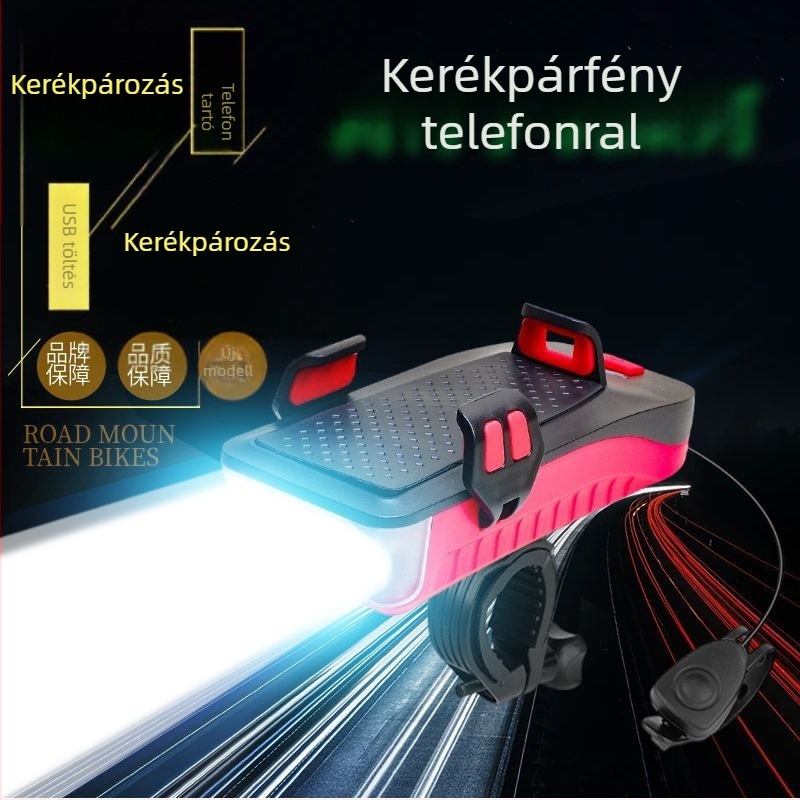 Kerékpár 4 az 1-ben: első világítás, kürt, telefon tartó és külső akkumulátor — Márka: Anqi Race; Feldolgozás testreszabása: Igen; Licencelt magáncímke: Igen