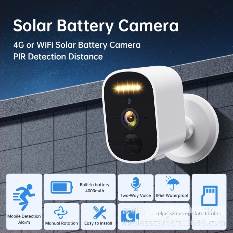 O-KAMPro vezeték nélküli biztonsági kamera 4G akkumulátorral, Wi‑Fi, napelemes energiaellátással, beltéri és kültéri használatra