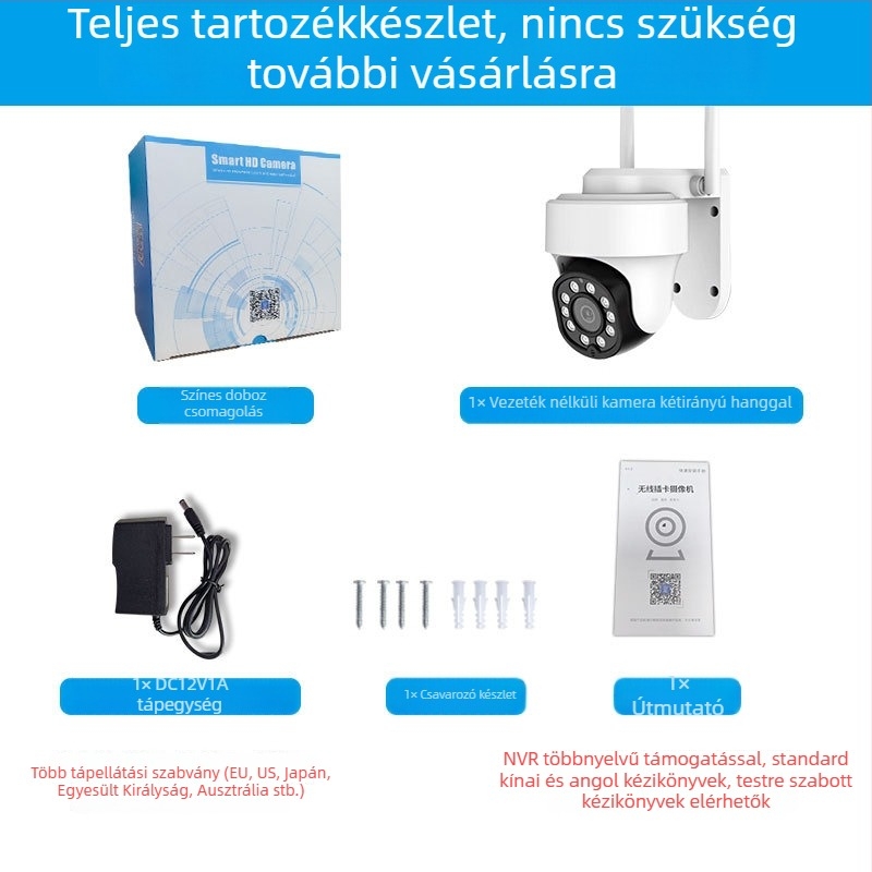 3MP HD Vezeték nélküli WiFi megfigyelő kamera, forgatható PTZ 355°/90°, beltéri és kültéri használatra, IP65 vízálló, IR éjjellátás 30 m