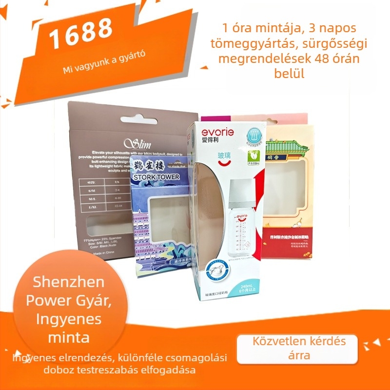 Hullámkarton csomagoló/display doboz ablakkal, testreszabható nyomtatás (offset, szitanyomás, UV, forró bélyegzés), papírtokos szerkezet