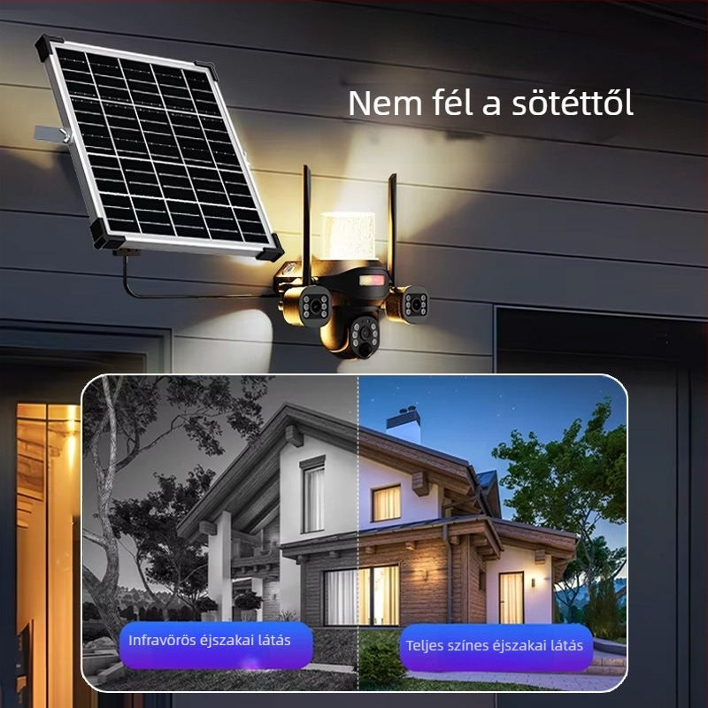 Udvarra szóló napelemes LED-kamera, kültéri, éjjellátás, távoli megfigyelés és mozgásérzékelés