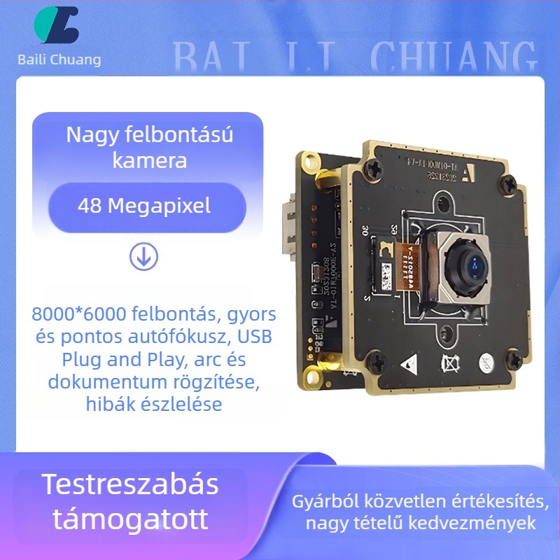 Ipari USB kamera modul, 48 MP szenzor, 8000×6000 felbontás, 30 FPS, USB 2.0, autofókusz