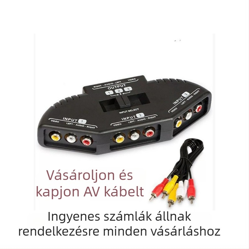 AV kapcsoló és elosztó, 3 bemenetből 1 kimenet és 2 bemenetből 1 kimenet, audió‑videó átalakító kábelezés