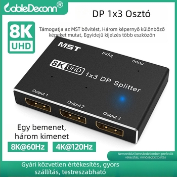 DP 1x3 kijelzőváltó PC/TV-hez — 8K60Hz videó/hang konverter (Model T0107)
