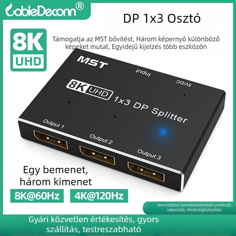 DP 1x3 kijelzőváltó PC/TV-hez — 8K60Hz videó/hang konverter (Model T0107)