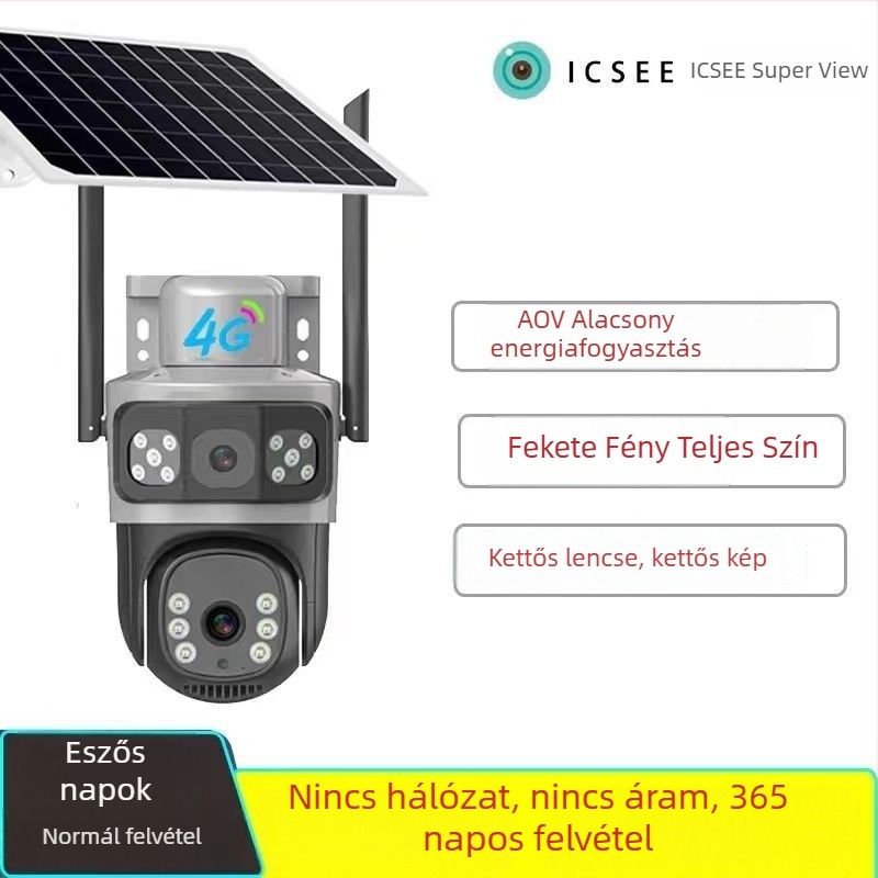 4G napelemes megfigyelő kamera, teljes színű IP kamera kettős lencsével, infravörös, IP66