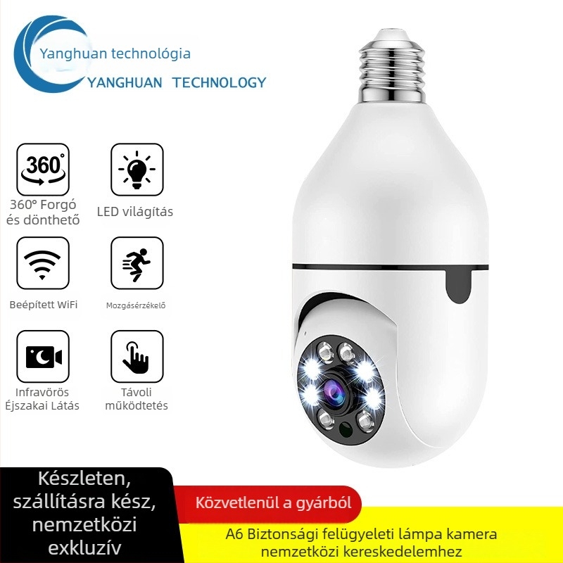 A6 lámpa alakú WiFi kamera, éjjellátás, HD felvétel, TF-kártya-tárolás, E27 foglalat