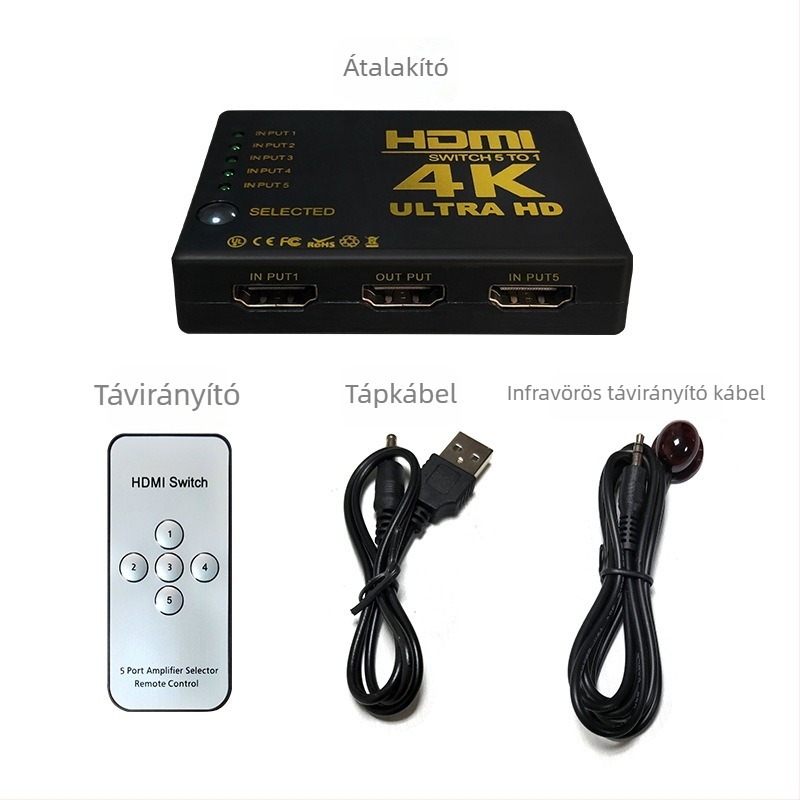 HDMI kapcsoló 5 az 1-ben, 4K, infravörös távirányító