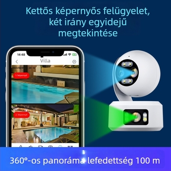 Kétlencsés beltéri megfigyelő kamera, Full HD, vezeték nélküli Wi‑Fi, belső használatra, kapcsolódó funkcióval és forgatható funkcióval