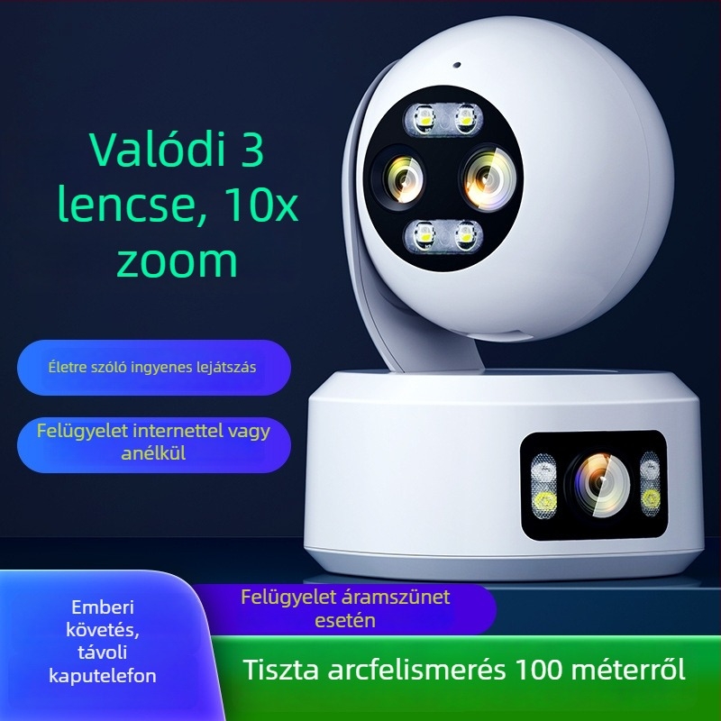 Kétlencsés beltéri megfigyelő kamera, Full HD, vezeték nélküli Wi‑Fi, belső használatra, kapcsolódó funkcióval és forgatható funkcióval