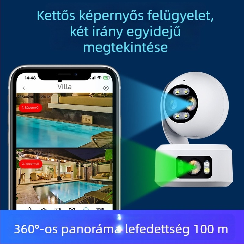 Kétlencsés beltéri megfigyelő kamera, Full HD, vezeték nélküli Wi‑Fi, belső használatra, kapcsolódó funkcióval és forgatható funkcióval