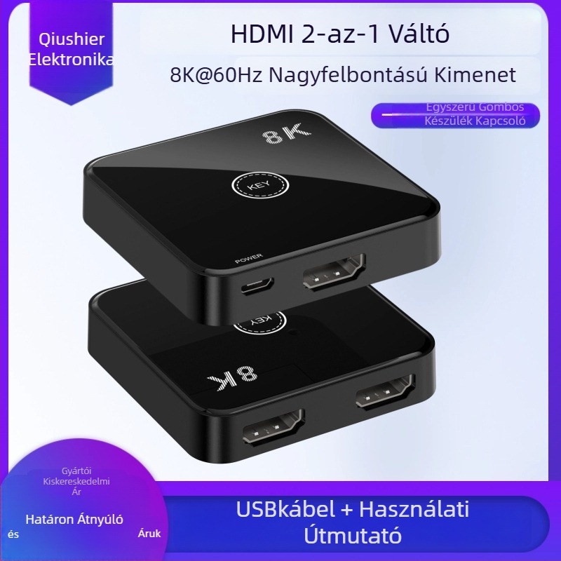 AB-HD08 HDMI kapcsoló, 2 bemenet/1 kimenet, HDMI 2.1, 48 Gbps, 4K, 1 év garancia