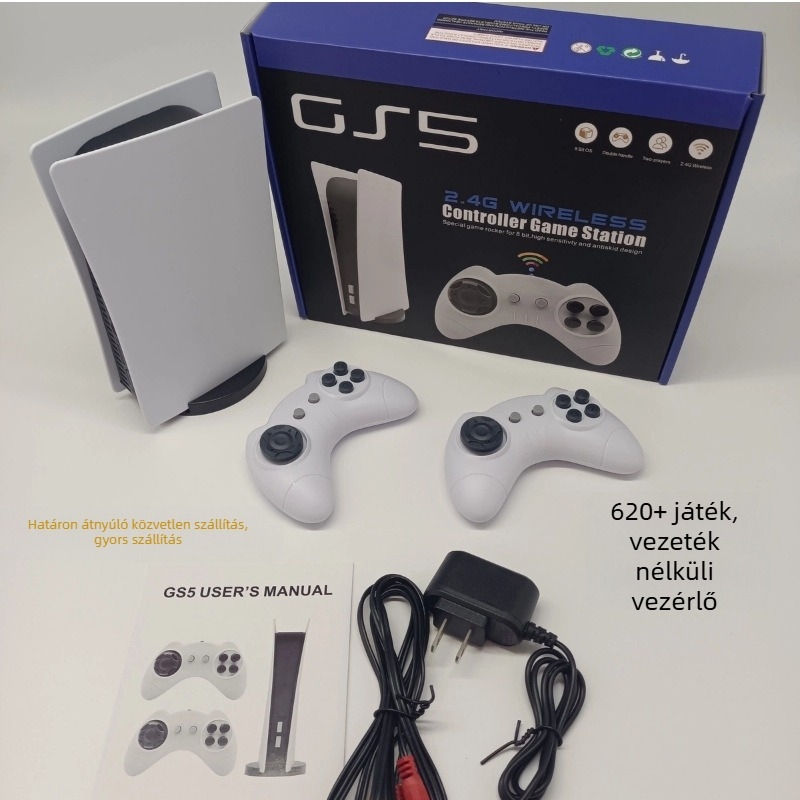 GS5 játékkonzol, 8 bites operációs rendszer, 128 MB memória, AV kimenet, TV-kompatibilitás, nosztalgikus stílus