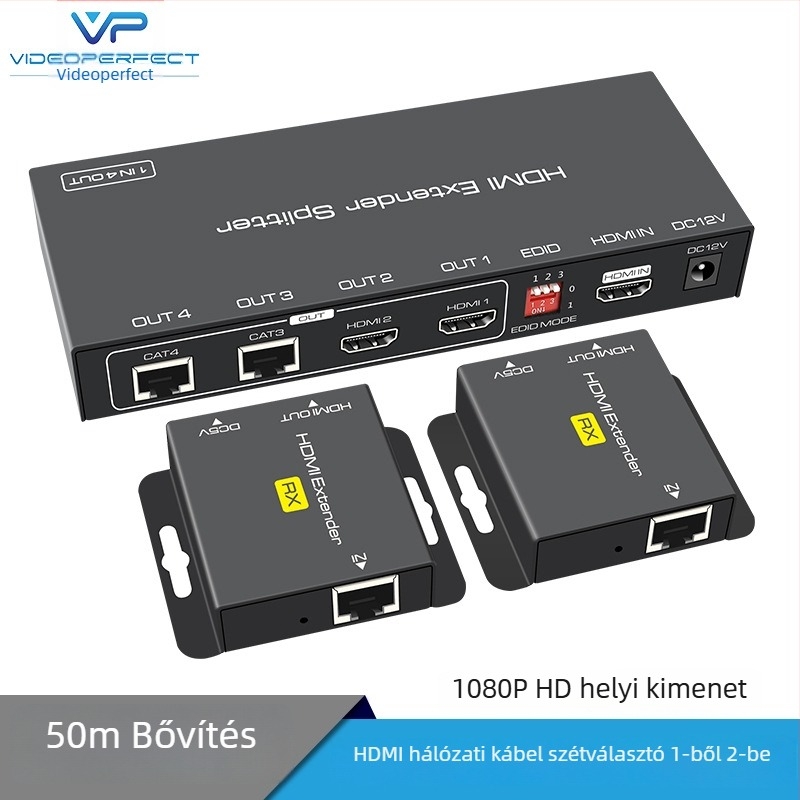 HDMI extender 1x2 elosztó RJ45 hálózathoz POC táplálással, adó