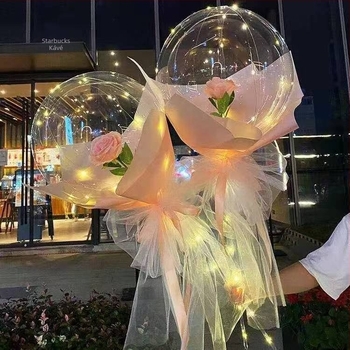 LED-es rózsa Bobo lufi, átlátszó, világító Valentin-napra