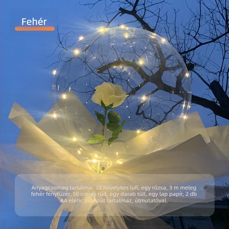 LED-es rózsa Bobo lufi, átlátszó, világító Valentin-napra