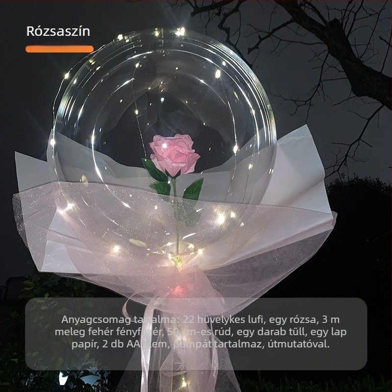 LED-es rózsa Bobo lufi, átlátszó, világító Valentin-napra