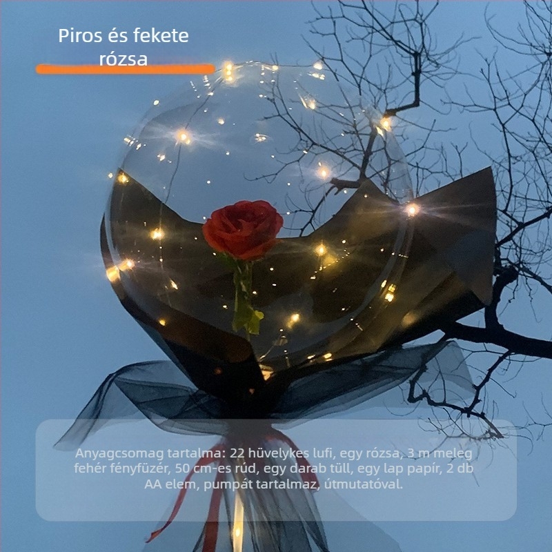 LED-es rózsa Bobo lufi, átlátszó, világító Valentin-napra