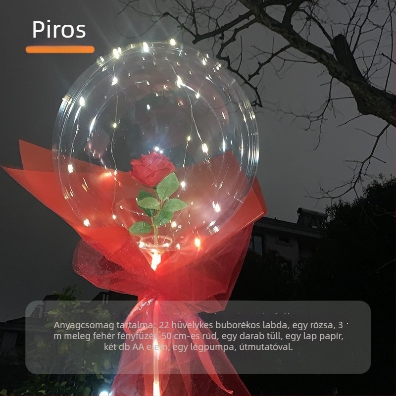 LED-es rózsa Bobo lufi, átlátszó, világító Valentin-napra
