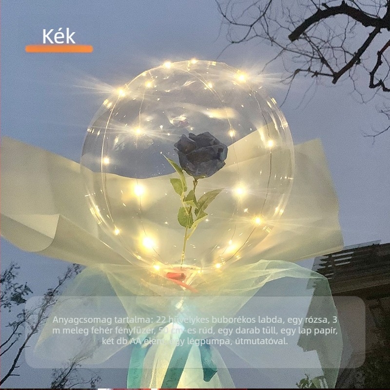 LED-es rózsa Bobo lufi, átlátszó, világító Valentin-napra