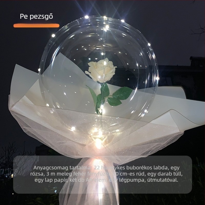 LED-es rózsa Bobo lufi, átlátszó, világító Valentin-napra