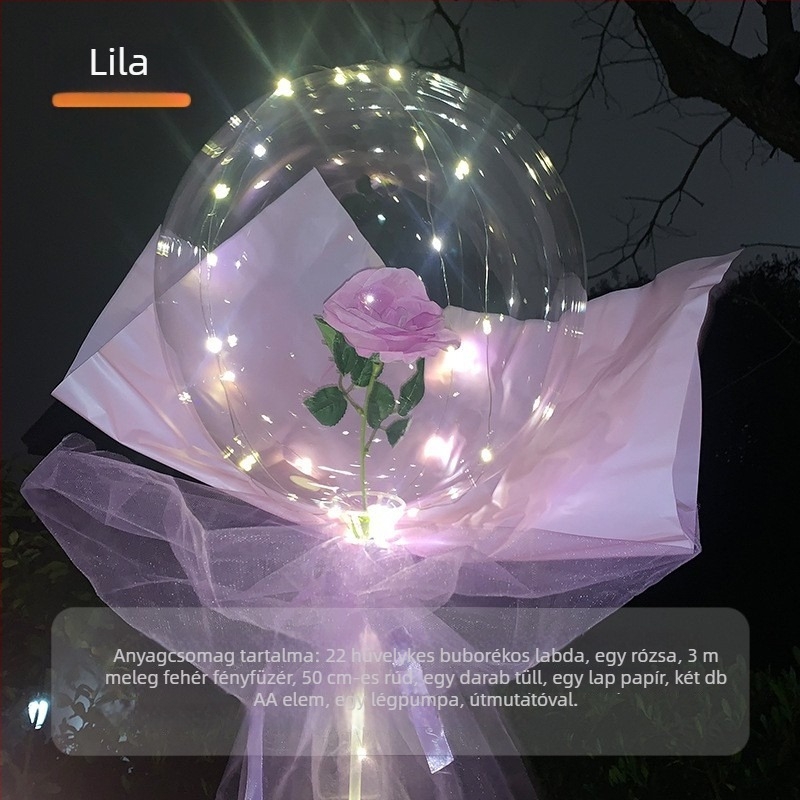 LED-es rózsa Bobo lufi, átlátszó, világító Valentin-napra