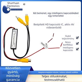 Autóvideó kapcsoló SY-232 — 2 bemenet / 1 kimenet, CVBS analóg jel, SD felbontás.