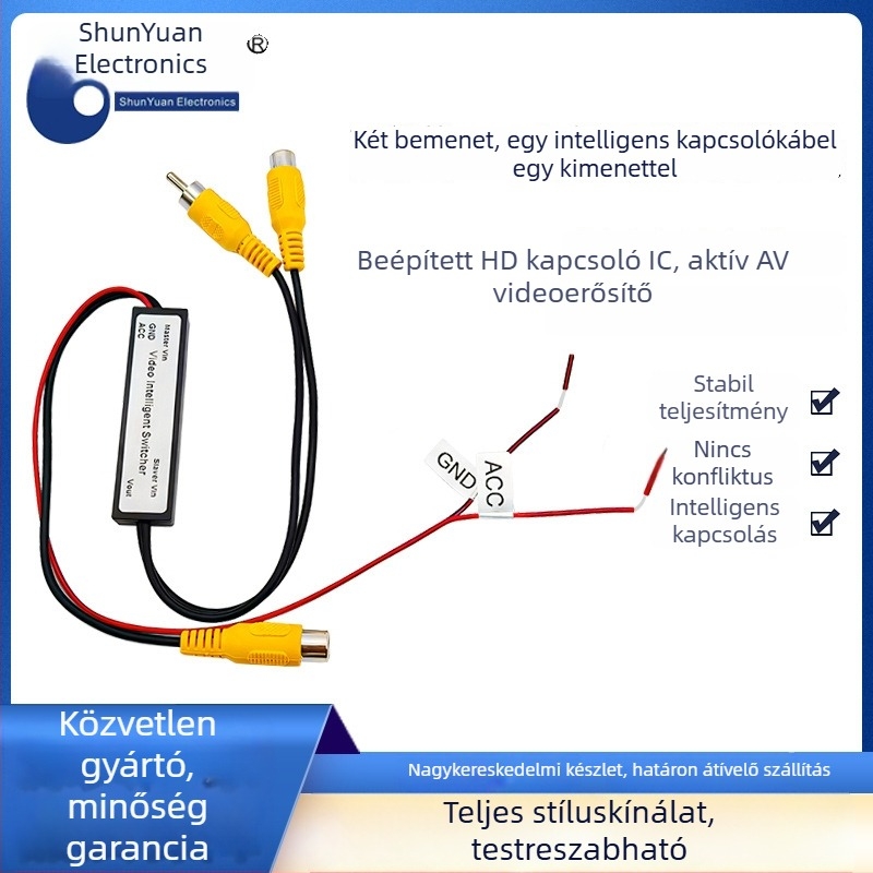 Autóvideó kapcsoló SY-232 — 2 bemenet / 1 kimenet, CVBS analóg jel, SD felbontás.