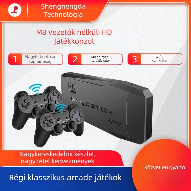 M8 4K játékkonzol két vezeték nélküli kontrollerekkel, TV-hez csatlakoztatható, retro stílus, 64GB tárhely