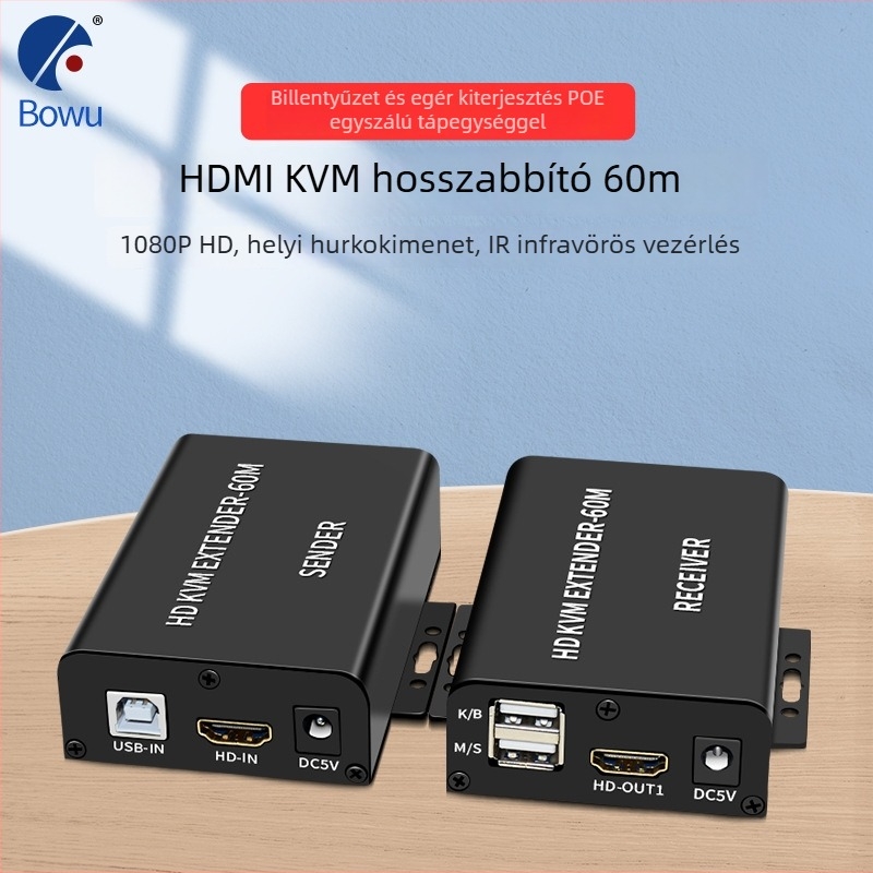 HDMI-Extender 60 m, KVM USB-vel, egér és billentyűzet, PoE egyenáramú tápellátás, 1080P@60Hz