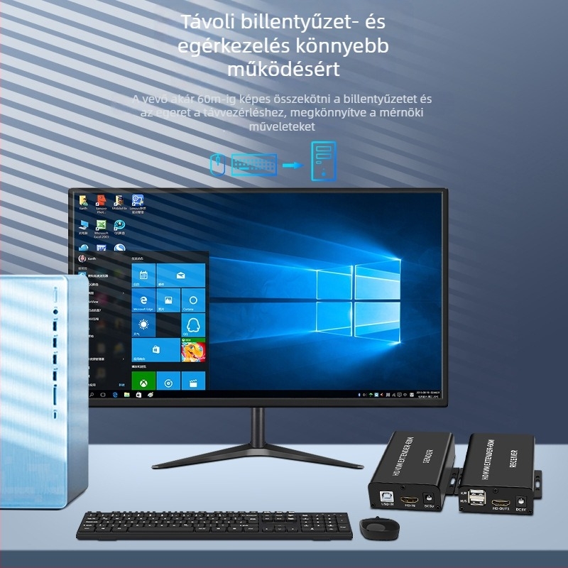HDMI-Extender 60 m, KVM USB-vel, egér és billentyűzet, PoE egyenáramú tápellátás, 1080P@60Hz