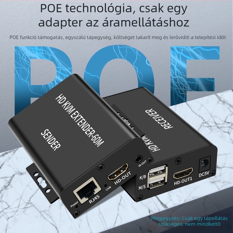 HDMI-Extender 60 m, KVM USB-vel, egér és billentyűzet, PoE egyenáramú tápellátás, 1080P@60Hz