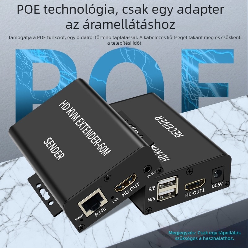 HDMI-Extender 60 m, KVM USB-vel, egér és billentyűzet, PoE egyenáramú tápellátás, 1080P@60Hz