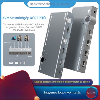 KVM HDMI kapcsoló, 2 bemenet, 1 kimenet, 1080p, USB hub, fém ház
