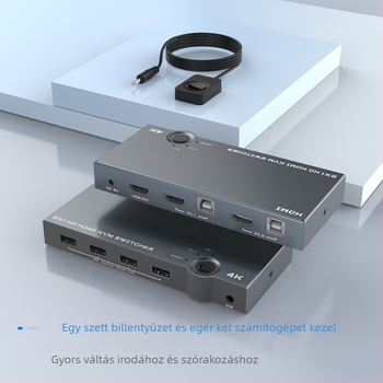 KVM HDMI kapcsoló, 2 bemenet, 1 kimenet, 1080p, USB hub, fém ház