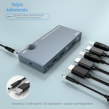 KVM HDMI kapcsoló, 2 bemenet, 1 kimenet, 1080p, USB hub, fém ház