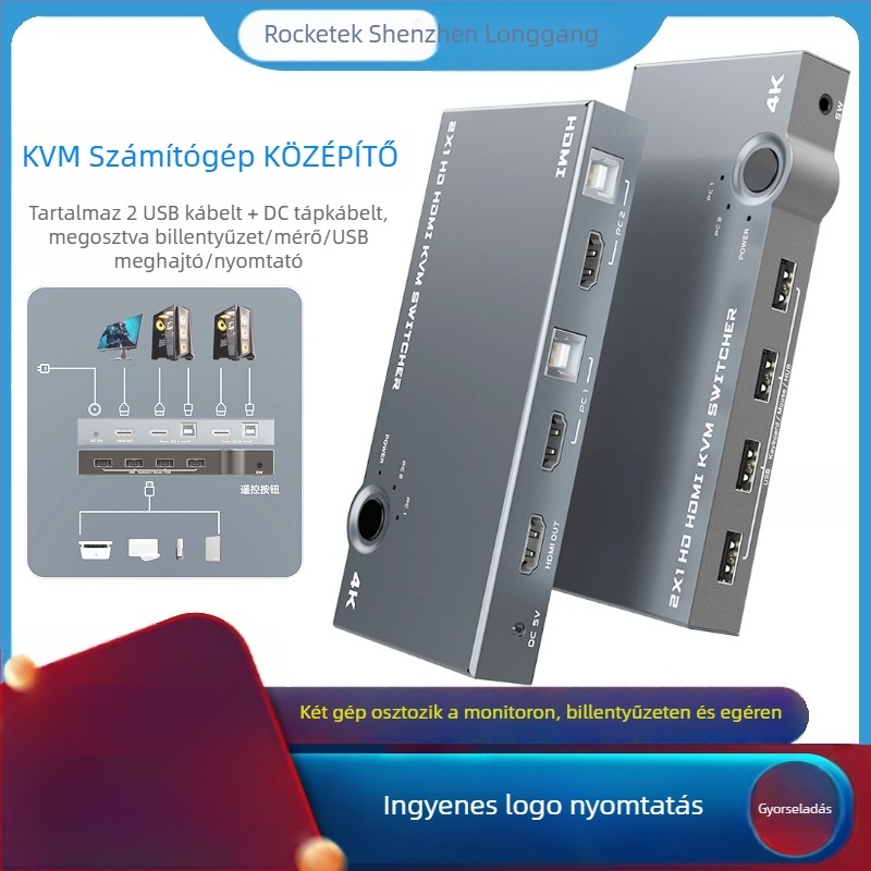 KVM HDMI kapcsoló, 2 bemenet, 1 kimenet, 1080p, USB hub, fém ház
