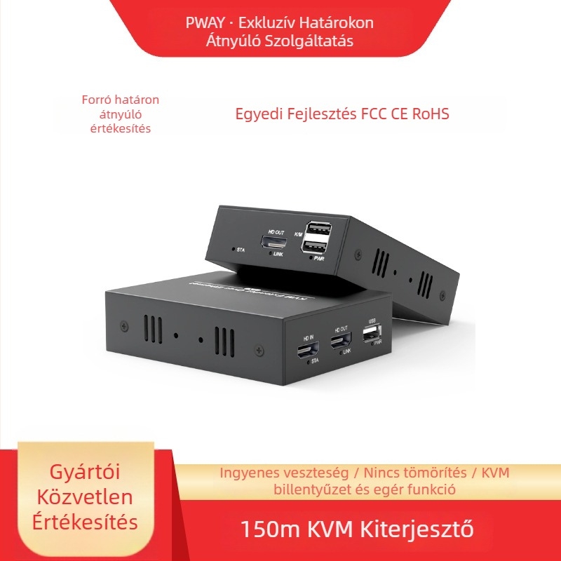 HDMI extender KVM-mel, USB billentyűzet és egér támogatással, 150 m átvitel, 1080P, POE tápegység mellékelve