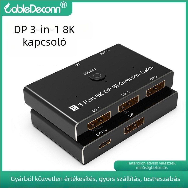 DP1.4 8K30Hz kapcsoló USB-C tápegységgel, DP videó osztó 1–3, kétirányú DP konverter