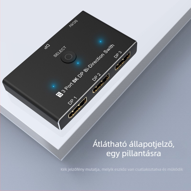 DP1.4 8K30Hz kapcsoló USB-C tápegységgel, DP videó osztó 1–3, kétirányú DP konverter
