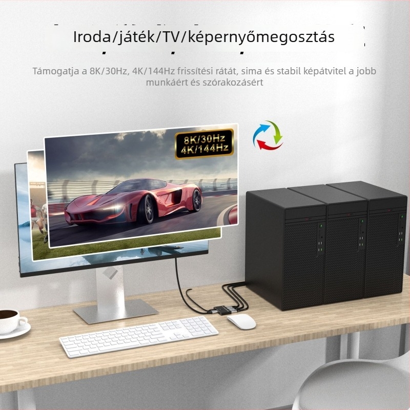 DP1.4 8K30Hz kapcsoló USB-C tápegységgel, DP videó osztó 1–3, kétirányú DP konverter