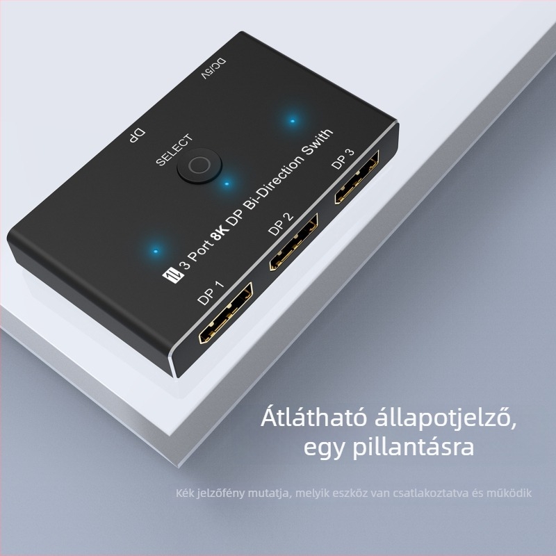 DP1.4 8K30Hz kapcsoló USB-C tápegységgel, DP videó osztó 1–3, kétirányú DP konverter