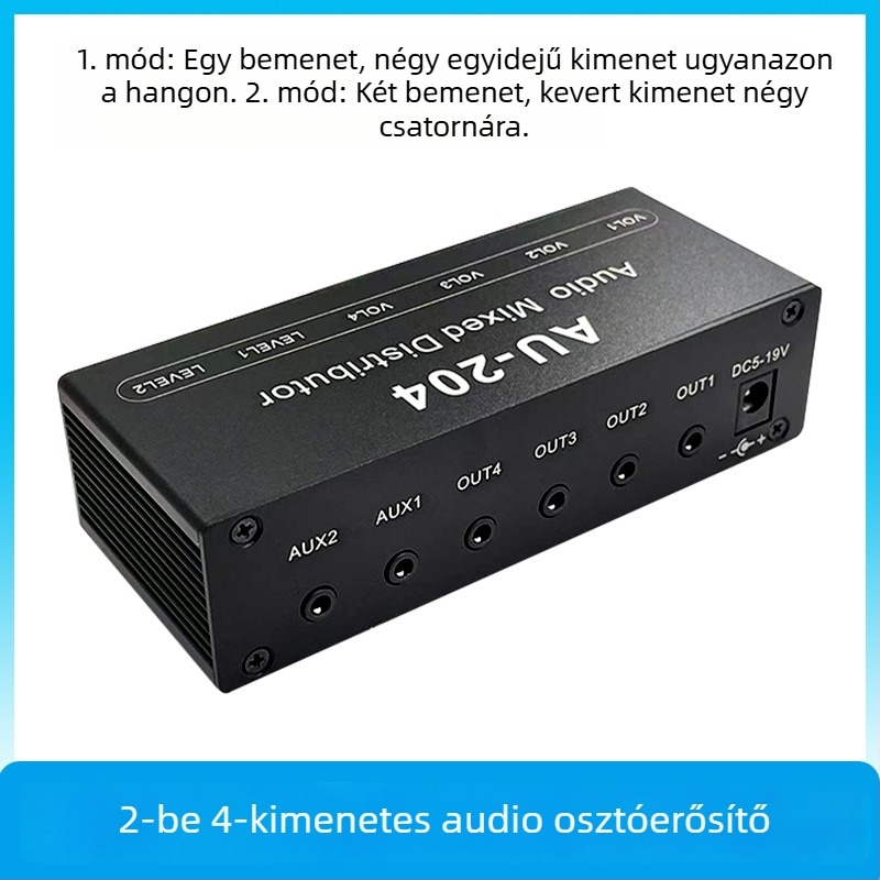 AU-204 sztereó 3,5 mm-es audióosztó, 2 bemenettel és 4 kimenettel