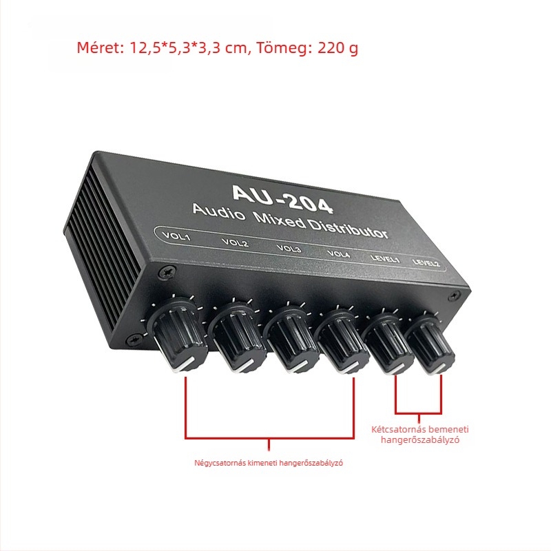AU-204 sztereó 3,5 mm-es audióosztó, 2 bemenettel és 4 kimenettel