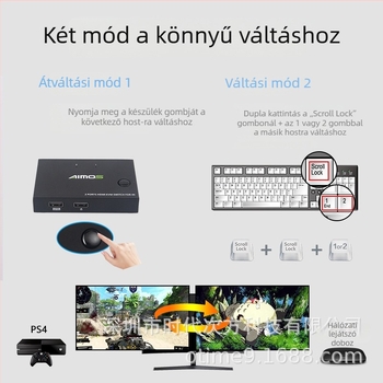 AIMOS AM-KVM201 HDMI KVM kapcsoló, 2 portos, HDMI 2-in 1-out, egér és billentyűzet, USB nyomtató megosztása
