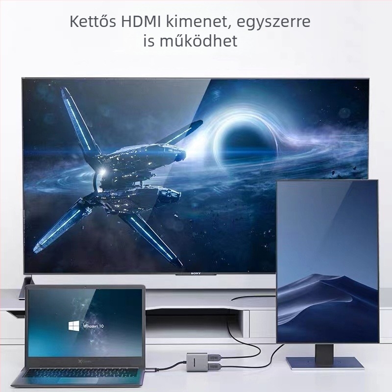 USB Type-C HDTV dokkolóállomás dupla HDTV-kimenettel és háromképernyős felosztással