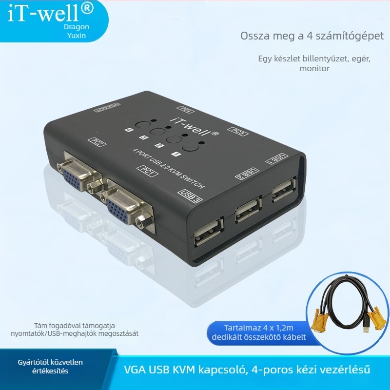 VGA KVM kapcsoló, 4-portos kézi, USB billentyűzet és egér kijelző megosztó, 4 az 1-ben kimeneti konverter, modell IT-CS04001MU