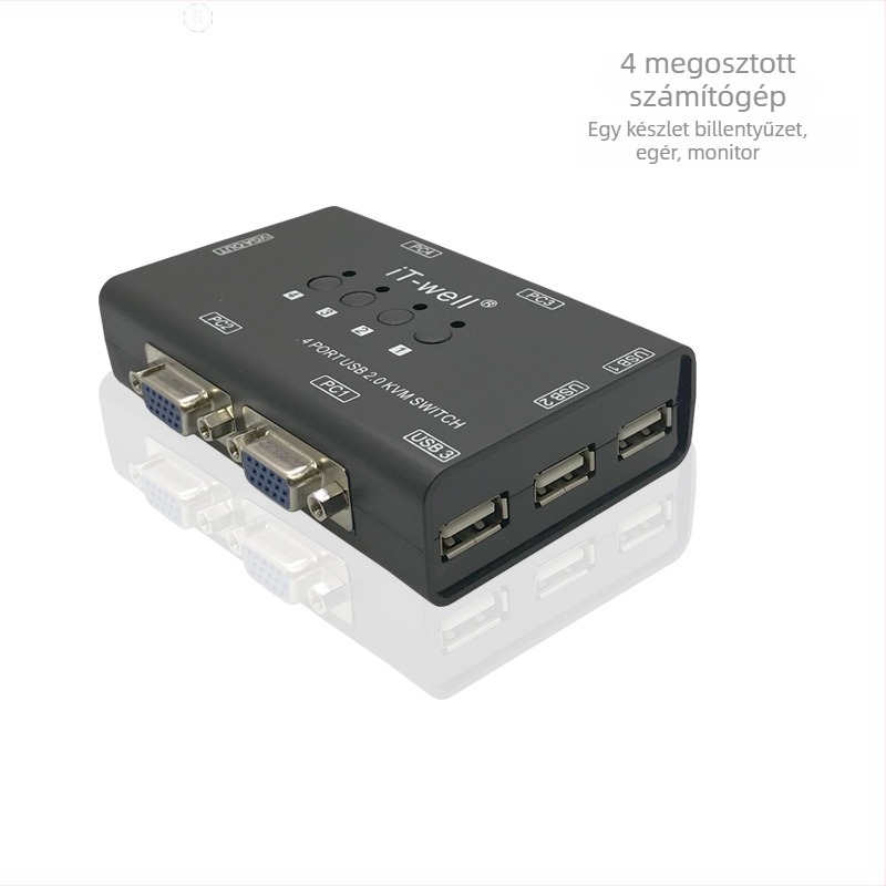 VGA KVM kapcsoló, 4-portos kézi, USB billentyűzet és egér kijelző megosztó, 4 az 1-ben kimeneti konverter, modell IT-CS04001MU