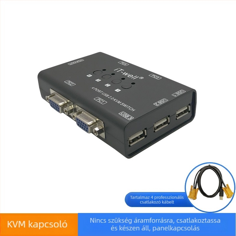 VGA KVM kapcsoló, 4-portos kézi, USB billentyűzet és egér kijelző megosztó, 4 az 1-ben kimeneti konverter, modell IT-CS04001MU