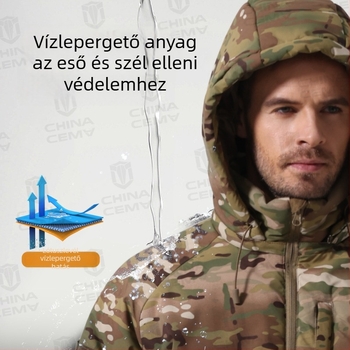 Téli kamuflázs bélelt kabát, keverék kémiai rostokból, szélálló és meleg, uniszex